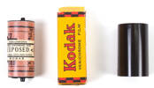 camera film box, with exposed film and roll negative -Kodak Verichrome (film and negative now with pictorial department)