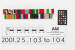 ribbon bar: Defence + War Medal 39-45 + NZ War Service + Aust. Service Medal, 2001.25.104