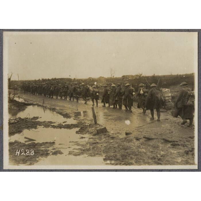 N.Z. Reinforcements on the way up to the line. Road near Kansas Farm.
