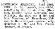 1919 Sherley Strath MORRISON married Doris M SPENCER in NSW Australia 