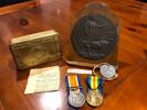 War Medals and Memorial Plaque of Sapper Rupert Christie with identity disc and Christmas gift tin of his father (who had served in the Samoan Advance).