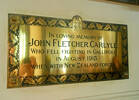Brass memorial plaque to J F Carlyle in St. Andrew's Church, Congresbury, Somerset, England. Photograph taken 3 July 2016.