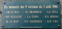 Memorial Plaque for the 6 Allied  Air Crew of 99 (Special Operations) Squadron Stirling IV LG878 shot down by German anti-aircraft fire - over France - whilst delivering war equipment to the French Resistance. The 3 French names are of civilians killed when the Stirling crashed into the  French village of Plougoumelen, France.