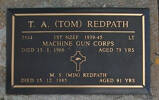 1st NZEF, 35444 Pte T A (Tom) REDPATH, Machine Gun Corps, died 13 January 1966 aged 79 years. M S (Min) REDPATH, died 15.12.1985 aged 91 yrs. Both are buried in the Taruheru Cemetery, Gisborne Block RSA Plot 324