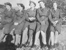 From an album of the 1940s made by June Elizabeth Dawber (Gray?). Colleagues from WAAF Vanda Hayter, Janet Brown, Hanna Robinson, (unidentified) Brown, and (unidentified) Brown.  June probably took the photo so does not appear in it.