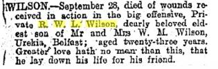 Leslie Wilson's Obituary notice, Lyttelton Times, 9 November 1916, Page 1