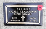 An image of CQMS R. E. Goodwin's bronze lawn cemetery plaque in the services section of the Havelock Cemetery, Marlborough NZ after restoration by the NZ Remembrance Army in April 2021