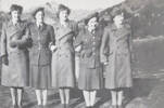 From an album of the 1940s made by June Elizabeth Dawber (Gray?). Colleagues from WAAF  Probably Vanda Hayter, Janet Brown, Hanna Robinson, and two other unidentified servicewomen.  June probably took the photo so probably does not appear in it.