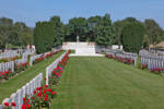 Grevillieres War cemetery, Pas-de-Calais, France. New Zealand Memorial to the Missing is in the background.