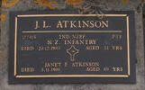 2nd NZEF, 477815 Pte J L ATKINSON, NZ Infantry, died 20 December 1980 aged 71 years; JANET F ATKINSON, died 5 November 1980 aged 89 years Both are buried in the Taruheru Cemetery, Gisborne Blk RSAAS S/A Plot 837