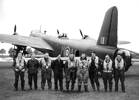 Left to right: Unknown, AC Harold Goadby (ground crew), F/Sgt Ross Buckley (air bomber), LAC Tom McGibbon (ground crew), P/O Douglas Hamer (pilot), Sgt Malcolm Shogren (rear gunner), unknown, Sgt Desmond Ross (navigator), F/Sgt William Brian (wireless operator). At Newmarket probably 27 or 28 April 1943. Behind is their Stirling Bomber.