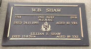 2nd NZEF, 7755 L/Cpl W B SHAW, N.Z.A.S.C., died 21 November 1995 aged 80 years.ARTIE SHAW loved husband, Dad, Grandad, Great Grandad & friend, Always in our memories. His buried in the Taruheru Cemetery, Gisborne Block RSA 34 Plot 398