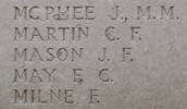 Francis Milne's name is inscribed on Tyne Cot Memorial to the Missing, Belgium.