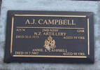 2nd NZEF, 42574 Gnr A J CAMPBELL, NZ Artillery, died 26 August 1975, aged 59 yrs ANNIE L CAMPBELL died 19.7.2007 aged 90 yrs.
Both are buried in the Taruheru Cemetery, Gisborne
Blk RSA Plot 740