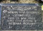 In Loving Memory Of Ngaope Hoia CRAWFORD  Died 25 May 1980 Dearly Loved Husband ofMereana MOHAKAHe is buried in the Whenua Tapu Cemetery, PoriruaLawn Plaque Area, Row Q, Plot 006