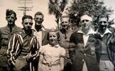 Moir family during World War II in Waimate from left Jim Moir, unknown, Bert Brown, Margaret Moir, John Moir, Ralph Moir, Bill Murphy.