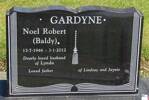 GardyneNoel Robert (Baldy)13.7.1946 - 3.1.2012.Dearly loved husband of Lynda.Loved father of Lindsay and Jaynie He is buried in the Waikaka Cemetery,, Gore Block C Plot 39