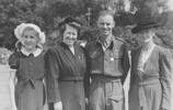Family Photo - May have been taken at Government House, the day Dad was presented his "Military Medal" L-R Joy White, Gloria Barrett(nee White), Bob Barrett, Dad's Mum Mrs. Barrett from Hamilton. Taken Post war about 1946