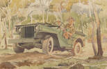 A New Zealand soldier behind the wheel of an army Jeep: probably New Caledonia or Solomons.