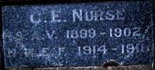 C E NURSE, S.A.V. 1899-1902, NZEF, 1914-1918.
AS War # 676 &amp; WWI # 11/1841 - Corporal Charles Edward Nurse died 10 June 1945 at Gisborne