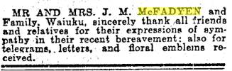 Cecil James McFadyen - Bereavement notice - 1928