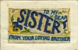 Card sent to Frank’s sister Ellen Pascoe in Palmerston North during the war.

The front piece is embroidered silk and the top portion lifts up. Underneath he has written 
“God Bless you all X X X”
