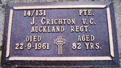 plaque: of Pte J. Crichton V.C., Auckland Regt died 22-9-1961 aged 82 years
