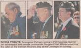 PAYING TRIBUTE: Turanganui Vietnam Veterans Pate KUPENGA, Gunner Jim WHAREPAPA & Parade Commander Sergeant Hiwi WATSON remember the fallen at the Vietnam Veterans Day at the Cenotaph on Sunday.