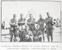 Group portrait showing men from 'Auckland College Rifles' on active service in Egypt: left to right Corporal Gavin Alexander, Privates H Baxter, C Goldstone, I Bradley and Corporal Len Harty; front row Privates J Bellerby, R Bellerby and Bryan Alexander.