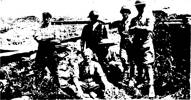 16 Sept 1939 - Some of the member of No. 6 Gun Crew, 1st Battery, after the Battle of Messines. The crew and the gun had a narrow escape.  In the picture (standing) are: 
Steve Markham (Clevedon), Bruce Bennett (Gisborne), Peter Ganley (Auckland), Sergeant Kay (Wellington). Sitting (left): F. Cuddon, H. F. Crookes, both of the- South Island.
