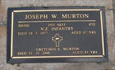 2nd NZEF, 505300 Pte JOSEPH W MURTON, NZ Infantry, died 28 March 1977 aged 67 years. GRETCHEN E MURTON, died 31.10.2000 aged 93 yrs Both are buried in the Taruheru Cemetery, Gisborne Block RSA Plot 776