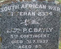 South African War Veteran, 2334 L/Cpl P C BAYLY, 5th Contingent, died 31 July 1937 aged 59. - He is buried in the Taruheru Cemetery, Gisborne - Blk SA Plot 11