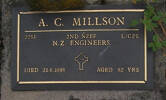A.C. MILLSON, 2253, 2nd NZEF, L/Cpl. N.Z Engineers., died 27.6.1998 aged 82 years. He is buried in the Taruheru Cemetery, Gisborne Block RSAAS Plot 258