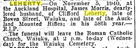 James LEHERTY death notice, NZ Herald 6 November 1940