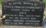 In loving memory of CECIL FRANCIS CUNNINGHAM, beloved husband of Joyce, died 14 October 1976 aged 62 years; and his beloved wife, JOYCE DOROTHY CUNNINGHAM, died 4 August 1988 aged 74 years  He is buried in the Taruheru Cemetery, Gisborne Block 30 Plot 227