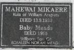 Plaque situated at 1518 State Highway 30, Rotoiti Forest 3074 in the family cemetery (Haroharo No.1C No.4 Urupa Rotoiti). Whangai by Mahewai and evidence that Wiremu Arapeta (changed surname to Mikaere) enlisted age as 20 but was only 14 years.