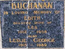 BUCHANAN - In loving memory of EDITH, beloved wife of Les, 1912-1958; also LESLIE GEORGE, 1915-1989.They are buried in the Taruheru Cemetery, Gisborne Bllock - Sec 1 Plot 93C