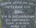South African War Veteran, 814 Tpr R RICHARDSON, 3rd Contingent, died 7 December 1937 aged 59. Beloved husband of Agnes Emily.
