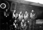 The Lancaster bomber crew of Sgt Les Hilder RAFVR pose in front of Avro Lancaster aircraft ED536 at No. 1667 Heavy Conversion Unit, Sandtoft, UK, on 2nd February 1945.The crew:Back (l-r): Sgt Ron Guscott RAFVR (Flight Engineer), Sgt Les Hilder RAFVR (Pilot), Sgt Jack Richards RAFVR (Navigator), F/Sgt Eric Roy RNZAF (Air Bomber), and Sgt Eric Wilkie RAFVR (Mid-upper Gunner).Front (l-r): Sgt Len Titmus RAFVR (Rear Gunner) and F/Sgt Merv Davis RNZAF (Wireless Operator).Five days after this photograph was taken, the Hilder crew transferred to No. 166 Squadron at Kirmington to commence operational flying in Bomber Command.On the night of the 16th March 1945, the crew were shot down in Avro Lancaster PB153 while on a bombing mission to Nürnberg in Germany.Rear Gunner Sgt Len Titmus was the sole survivor of the crew. The Lancaster crashed in a forest just south of the village of Wäschenbeuren. 