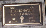 2nd NZEF, 250126 Spr L F SCHWASS, NZ Engineers, died 25 June 1971 aged 50 years. He is buried in the Taruheru Cemetery, Gisborne Blk RSA Plot 606