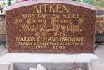AITKEN - In loving memory of WILLIAM EDWARDS, a loved husband and father, 1910-1979. 2nd NZEF, 4766 Capt. MARION CLELAND (Brownie) dearly loved wife & mother, 1917 - 2006 Both are buried in the Taruheru Cemetery, Gisborne Blk 30 Plot 482 