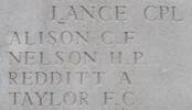 Charles Alison's name is inscribed on Messines Ridge NZ Memorial to the Missing, West-Flanders, Belgium.