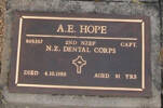 2nd NZEF, 805357 Capt A E HOPE, NZ Dental Corps, died 4 October 1988 aged 91 years. He is buried in the Taruheru Cemetery, Gisborne Block RSAAS Plot 90