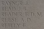 Francis Reader's name is inscribed on Messines Ridge NZ Memorial to the Missing, West-Flanders, Belgium.