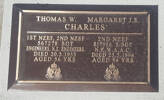 1st NZEF, 4/1140 Cpl T W CHARLES, Engineers, died 20 May 1953. 2nd NZEF, 817956 S/Sgt MARGARET J E CHARLES, NZWAAC, died 23 May 1994 aged 94 years. Both are buried in the Taruheru Cemetery, Gisborne Blk RSA Plot 98 