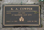 K.A. COWPER. 449938, 2nd NZEF. Cpl. 27 Machine Gun Btn. Died 3.4.2003 aged 80 years. He is buried in the Taruheru Cemetery, Gisborne Block RSAAS Plot 238