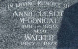 In loving memory of ANNIE LESLIE McGONIGAL, 1881-1950; also WALTER, 1885-1972. They are buried in the Taruheru Cemetery, Gisborne Block R Plot 56