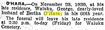 George O'Hara - Death notice -1939