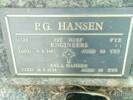 Pte # 11029 P G HANSEN 1st NZEF - ENGINEERS Died 5 .8.1987 aged 93 yrs EVA I HANSEN  Died 15.6.1996 aged 94yrs  Both were cremated and buried in the Pyes Pa Cemetery, Tauranga  BLOCK: Old RSA, ROW - A2, PLOT 338