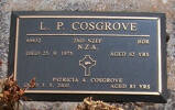2nd NZEF, 65832 Bdr L P COSGROVE, NZ Artillery, died 25 September 1975 aged 62 years. PATRICIA A COSGROVE, died 3.5.2000 aged 83 yrs. Both are buried in the Taruheru Cemetery, GisborneBlock RSA Plot 756